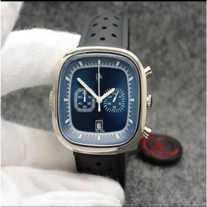 Ikwatches-Classic Watch Chronograph Quartz Forpwatch Blue Dial Black Rubber Belt Mens Watches Sports Square Gent Watch Man's329D
