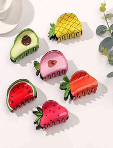 Korea Acrylic Fruits Vegetables Strawberry Watermelon Avocado Hair Clips Claws Shark Clip Hair Grab Headdress For Women Girls T2206486771