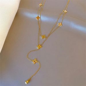Fashion Designer Four Leaf Clover Double tassel chain Necklaces Women High Qualit AccessoryJewelry Anniversary Gift