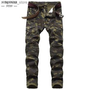 Jeans masculinos 2022 moda militar camuflagem jeans masculino magro tendência hip hop reto exército verde bolso carga denim juventude marca calças q231213