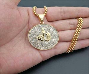 Hip Hop Iced Out Round Pendant Necklace Stainless Steel Islam Muslim Arabic Gold Color Prayer Jewelry Drop 210929294e8050935