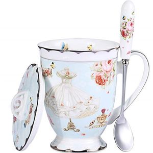 Tea Cup and Lid and Spoon Set Royal Fine Bone China Coffee Mug 11oz Light Blue TeaCups Gift for Women Mom Gift Box 295M