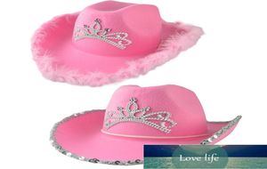 Crown Pink Cowboy Caps Western Cowgirl Hat For Women Girl Feather Edge Shiny paljetter Tiara Cowgirl Hats Party Fedora Caps FA6106380