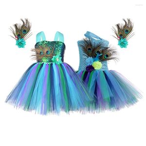 Abiti da ragazza Tutu di pavone per bambini Abito da principessa in tulle con piume per spettacolo di Halloween, festa di compleanno