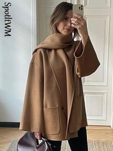 Women's Jackets Loose Long Sleeved Coat With Scarf Women's Brown Wool Blends Overcoat Autumn Lady's Single Breasted Commute Street Jackets 231211