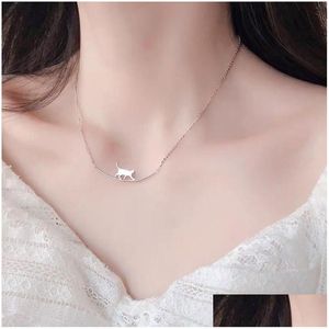 Pendant Necklaces Pendant Necklaces Fashion Walking Cat Curved Cute Animal Necklace For Women Simple Sier Color Clavicle Chain Jewelry Dhwvz