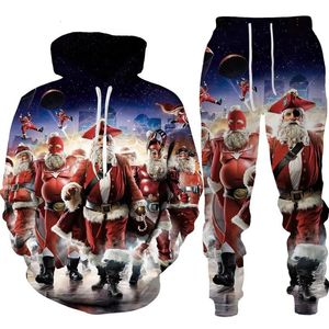 Tute da uomo Felpe con cappuccio natalizi Set 3D stampato Babbo Natale divertente Tuta Coppie Abiti a due pezzi Pantaloni con cappuccio oversize Set 231212