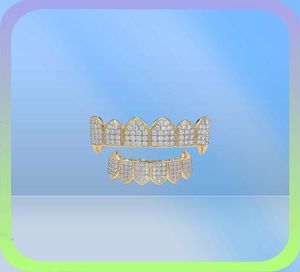 Shining Hip Hop Grillz Iced Out CZ Fang Mouth Teeth Grills Caps Top Bottom Tooth Set Men Women Vampire Grills Fashion Jewelry9049274