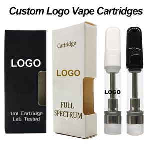 Cartuchos Vape personalizados 1ml 0,8ml 0,5ml Atomizadores Carrinhos de óleo grosso Embalagem E-cigarro Vazio OEM Bobina de cerâmica 510 Thread Atomizador Caixa de logotipo personalizado