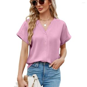 Women's Blouses Elegant Women V-neck Short Sleeved Pink Shirt Summer Office Lady Solid Button Cardigan Loose Casual Top Blusas Mujeres S-XXL