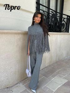Kvinnors tröjor Fashion Turtleneck Tassels Patchwork Women Sweater Elegant Slim Grey Sticked Cloak Tops 2023 Höst kvinnlig streetwear