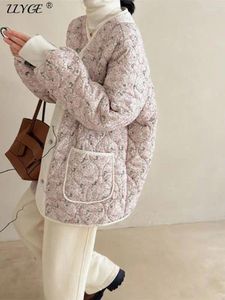 Women's Trench Coats Printed Flower Quilted Cotton Coat Women Korean Warm Long Sleeve Single Breasted Thick Padded Jacket Winter Lady Loose