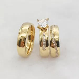 Anelli a grappolo Amore Alleanze Cubic Zirconia Cz Diamante Matrimonio Fidanzamento 3 pezzi Set da sposa per uomini e donne Gioielli placcati oro 24k