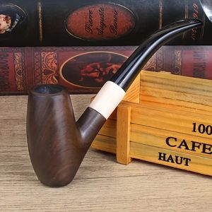 1pc, 2023 New Natural Ebony Wood Wooden Smoking Tube, Premium Long Handle Bent Smoking Tube With Decorative Ring, Household Gadget, Christmas Gifts, Halloween Gifts