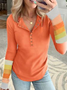 Frauenblusen Frau Frühling Herbst gestreifter Schnappknopf Langarm Bluse orange Fashion Style Hemden Lady Casual Stand Collar Blusas