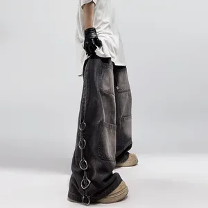 Men's Jeans American Style Oversized Pocket Retro Baggy Men Y2k Hip Hop Punk Wide Leg Straight Overalls Black Denim Pants Streetwear