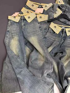 Jeans firmati denim diamante gamba larga dritti jeans da donna invernali spessi e caldi pantaloni per la pulizia del pavimento flangiati per carichi pesanti