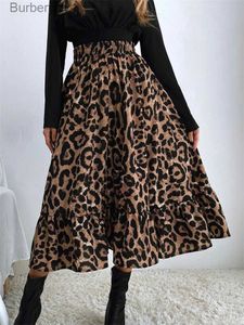 Kjolar kastiga hög midja leopard midi kjol för kvinnor casual boho tryckt lång tyllkjol dam 2022 höst ny chiffon a-line kjol231212