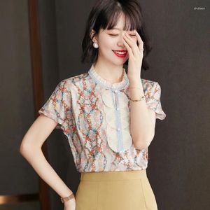 Camicette da donna camicia di moda coreana da donna vintage organza arruffone stampa in chiffon a manica corta perline