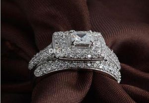 Jóias finas de luxo corte de princesa 14kt ouro branco preenchido com topázio completo Gem simulado diamante feminino conjunto de anel de noivado de casamento presente1046410