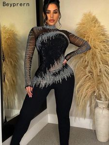 Women's Jumpsuits Rompers Beyprern Elegant Black Rhinestone Studded Jumpsuits Women Rompers Glitter Mock Neck Mesh Crystal Party Outfits Nightclub Wear 231211