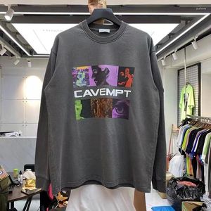 Hoodies masculinos oversized 2024ss cavempt lavado vintage impressão manga longa camisola para homens mulheres de alta qualidade algodão pulôver moletom