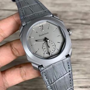 Mens watches Octagonal Grey face casual Titanium case Quartz movement Leather strap 41mm Wristwatches montre de luxe267S