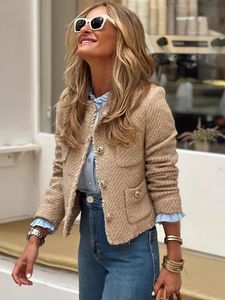 Womens Jackets TRAFZA Autumn Button Short Coats Camel Tweed Jacket Women Frayed Cropped Woman Fashion Long Sleeve Elegant Jacke 231212