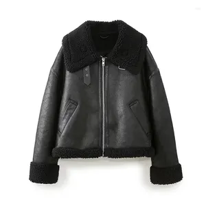 Jaquetas femininas Yenkye 2023 Mulheres Moda Faux Couro Lambswool Jaqueta de Motocicleta Manga Longa Feminino Inverno Quente Casaco de Motociclista