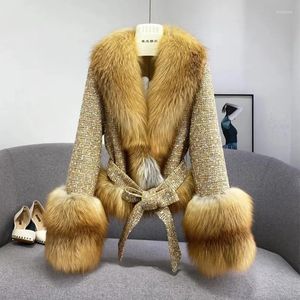 女性の毛皮2023秋の冬革革の本物の襟のコートと綿の細いウエスト短い濃い暖かいフェイクメス