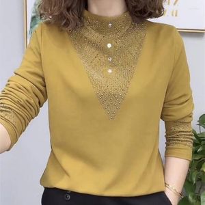 Женские блузки, элегантная однотонная блузка с бисером и бриллиантами, одежда, осень 2023, повседневные пуловеры, свободная офисная женская рубашка
