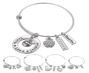 Love Inspire Teach White Crystal Apple Ruler Bracelet Stainless Steel Pendant Bangle Jewelry Gift Teacher Friend DLH2043871389