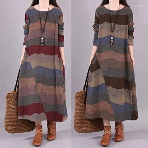 الفساتين غير الرسمية للسيدات المطبوعة Sundress طويلة الأكمام من الكتان الفستان Maxi