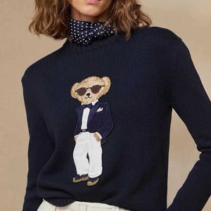 Kvinnors tröjor 23 Tidig Autumn Round Neck Teddy Bear Cartoon Brodered Pullover Casual Slim Fit Sweater Wool Sticked Long Sleeved Bottom Top For Women