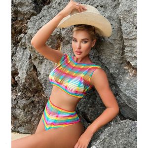 Sexy Regenbogen transparente Dessous Kostüm Frauen Fishnet Bodysuit Erotic Mesh Hollow durch Bodycon Unterwäsche Pama sexy