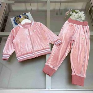 Roupas de tracksuits para crianças novas roupas para crianças adorável material de veludo rosa roupas de bebê jaqueta de menino Tamanho 110-160 Casaco e calças com zíper