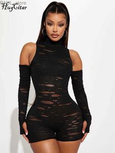 Women's Jumpsuits Rompers Hugcitar Mesh Black Long Sleeve Hollow Out See Through Zip Up Sexy Bodycon Playsuit 2023 Fall Fashion Streetwear Sport RomperL231212