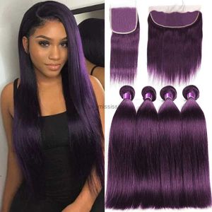 Syntetyczne peruki w kolorze ciemne fioletowe proste włosy z zamkniętymi koronkowymi zamknięciami z pakietami Virgin Hair Tloave Bundle z Closurel240124