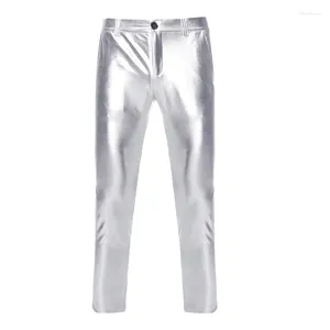 Męskie spodnie moda srebrna metalika dla mężczyzn 2023 PU Faux Motorcycle Prosty nogi spodnie nocne Kostium sceny