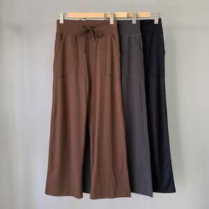 Calças de ioga LL para mulheres, jogging, absorventes de suor, calças soltas, pernas largas, casuais, com cordão, reminiscência, sem costura, para academia, calças largas com bolsos