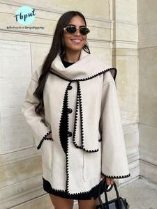 Damen-Wollmischungen, eleganter Kaschmir-Patchwork-Schalkragen-Mantel für Damen, warm, einreihig, dicke Mäntel, weibliche Mode, Straßenmantel 231211