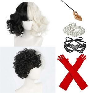 Cruella Deville de Vil Black White med Bangs Short Bob Heat Motent Hair Cosplay Halloween Costume Party + Wig Cap