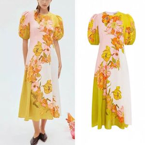 호주 디자이너 드레스 2024 스프링/여름 새 린넨 인쇄 거품 소매 둥근 목 짧은 슬리브 슬림 핏 드레스