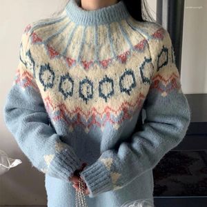 Kvinnors tröjor Retro Jacquard Boho Geometriska mönstertröja Löst varm vinter Pullover Youth Lady Casual överdimensionerad Jersey Jumper Korean