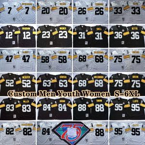 Custom 75th Vintage 75 Joe Greene 1969 Koszulki piłkarskie 47 Mel Blount 58 Jack Lambert 43 Troy Polamalu 32 Franco Harris 7 Ben Roethlisberger 84 Antonio Brown Jack Ham