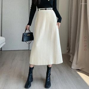 Skirts Women Fashion High Waist Knitting Wool Pleated Skirt Autumn Winter Elegant Chic Loose Korean Style Casual Long Lady 1285