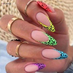 False Nails 24Pcs Colorful Leopard Printed Almond Fake Long Reusable Press On French Tips For Women And Girls