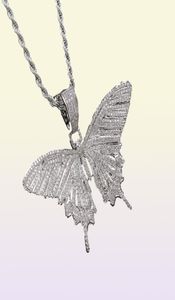 Gelado para fora animal borboleta pingente colar com corrente de corda ouro prata zircão cúbico masculino feminino hip hop rock jóias7263215