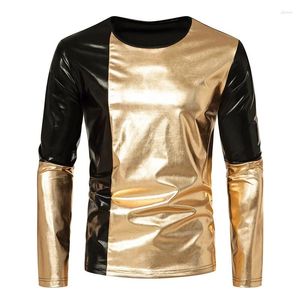 Men's T Shirts Fashion Coated Night Club Wear Gold Silver Patched Long Sleeve Shirt Stagewear Tops For Male