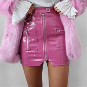 Saias sexy clube outfits mulheres mini saia pu couro pvc cintura alta zíper bolso pacote hip shorts feminino streetwear festa rosa preto